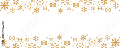 Horizontal Christmas and winter banner template featuring borders of scattered golden snowflakes and small stars on the top and bottom of a central white background.