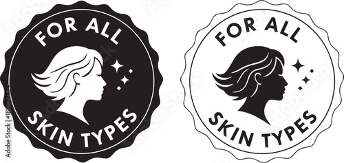 Vector label seal 'FOR ALL SKIN TYPES' icon for cosmetic product packaging and beauty claims