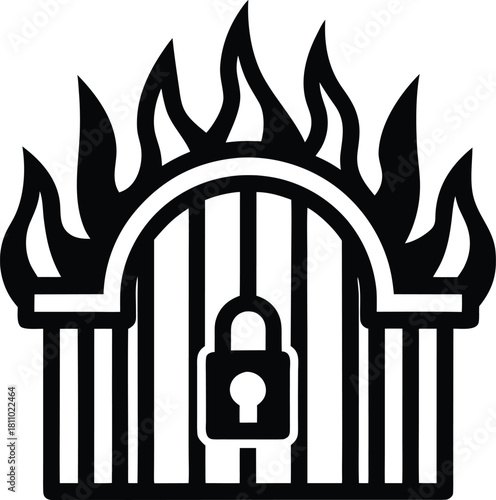 Burning gate with locked padlock, fiery entrance prison symbol vector