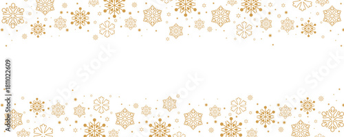 Horizontal Christmas and winter banner template featuring borders of scattered golden snowflakes and small stars on the top and bottom of a central white background.