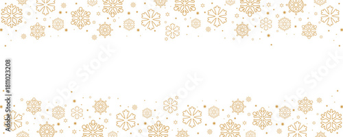Horizontal Christmas and winter banner template featuring borders of scattered golden snowflakes and small stars on the top and bottom of a central white background.
