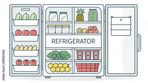 Fresh food in a fully stocked refrigerator, a modern kitchen appliance filled with healthy fruits, vegetables, and pantry staples for a balanced diet