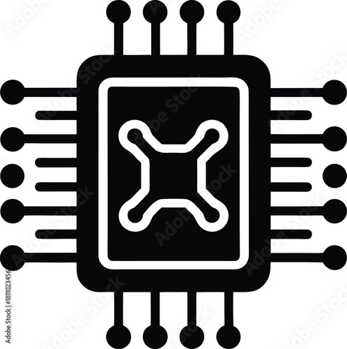 Processor chip with internal cross symbol, computer hardware electronic circuit