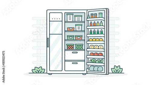Organized refrigerator brimming with fresh produce, drinks, and containers, perfect for healthy eating campaigns and food storage solutions, originally vector art