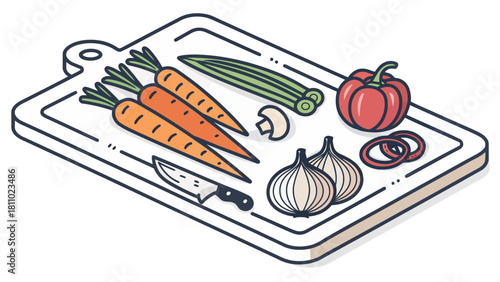 Fresh ingredients ready for meal prep on a modern cutting board, including carrots, celery, onions, pepper, and mushroom, perfect for healthy cooking projects