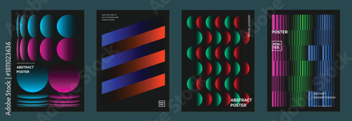 Modern gradient poster background vector set. Minimalist cover template with vibrant perspective geometric prism shapes in motion. Ideal design for social media, cover, banner, flyer.