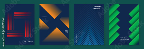 Modern gradient poster background vector set. Minimalist cover template with vibrant perspective geometric prism shapes in motion. Ideal design for social media, cover, banner, flyer.