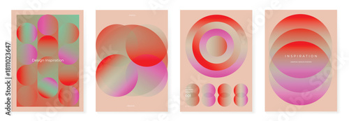 Modern gradient poster background vector set. Minimalist cover template with vibrant perspective geometric prism shapes in motion. Ideal design for social media, cover, banner, flyer.