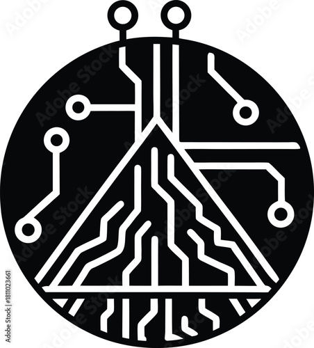 Circular technology emblem with integrated circuit board and triangular element