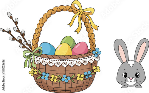 Easter bunny with basket of eggs, spring celebration illustration, flowers and pussy willow, festive vector design, holiday theme