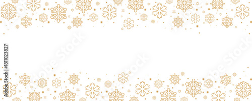 Horizontal Christmas and winter banner template featuring borders of scattered golden snowflakes and small stars on the top and bottom of a central white background.
