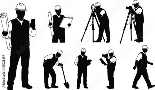 Engineer and surveyor silhouette vector set, construction worker, hard hat, blueprints, transit, measuring, civil engineering, job site.