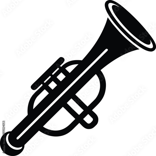 A black silhouette of a trumpet displayed on a transparent background