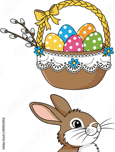Easter bunny with polka dot eggs, flower basket, pussy willow sprigs, spring celebration illustration, vector design, holiday theme