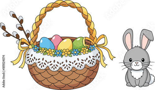 Easter bunny with flower basket, colorful eggs, pussy willow sprigs, spring celebration illustration, vector design, holiday theme