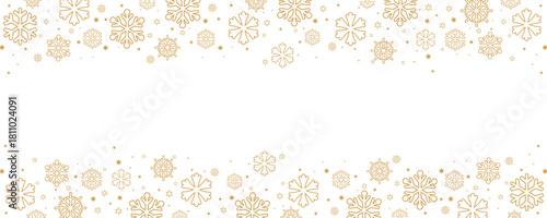 Horizontal Christmas and winter banner template featuring borders of scattered golden snowflakes and small stars on the top and bottom of a central white background.