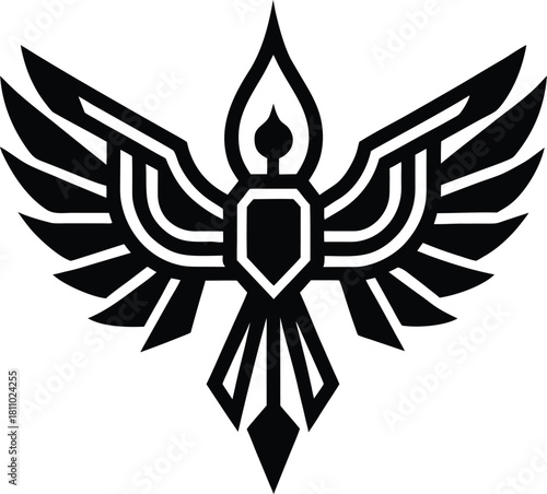 Black silhouette of a phoenix bird with spread wings vector icon design element