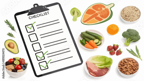 Healthy eating checklist for wellbeing and mindful nutrition, visualizing balanced diet choices with delicious fruit, vegetables, protein, and grains for vibrant wellness