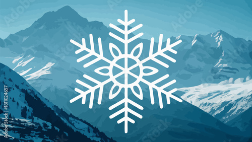 Stunning winter landscape scene with majestic mountains and a crisp white snowflake symbolizing the beauty and serenity of the snowy season, originally vector