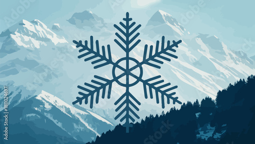 Crisp snowflake emblem against a serene mountain vista, capturing winter's beauty and the spirit of the alpine landscape. Perfect for seasonal designs
