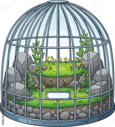 Tiered garden in metal cage, nature preservation concept, dome enclosure with rocks, flowers, plaque, vector illustration, protection theme