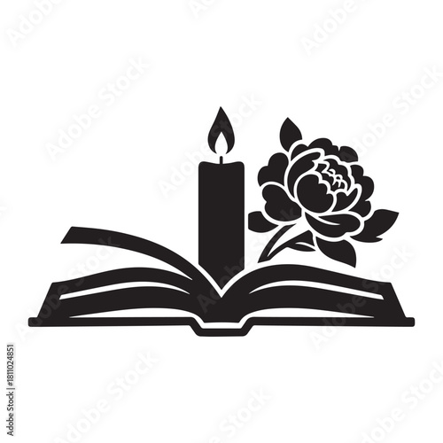Open Book, Candle, and Flower Symbols of Remembrance, Wisdom, and Beauty Silhouette Design.