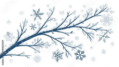 Winter's beauty unfolds with delicate snowflakes falling on branches, bringing a serene holiday spirit in a modern, minimalist design for seasonal cheer