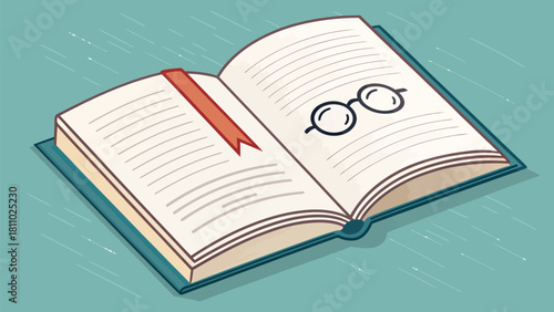 Open book with reading glasses, ideal for education, literature, and learning concepts, a charming illustration for book lovers and intellectual themes