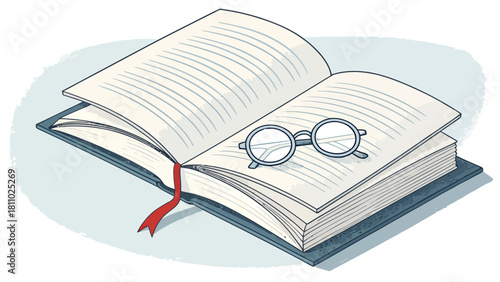Open book with glasses resting on pages, inviting knowledge and wisdom, perfect for educational content or a cozy reading atmosphere with a classic feel