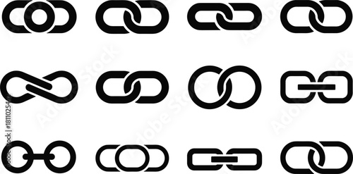 Twelve Different Black Link Chain Icons On White Background connection network