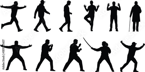 Male people silhouette vector set, walking, running, posing, fighting, sword, different actions, martial arts, casual and formal wear.