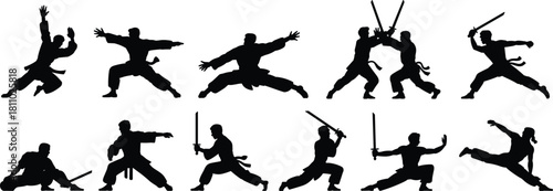 Martial arts and sword fighting silhouette vector set, karate, kung fu, samurai, ninja, dynamic action poses, combat training, self-defense.