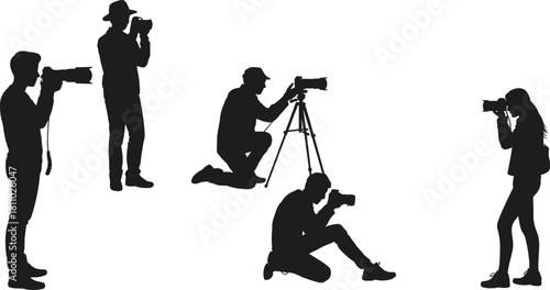 Photographer silhouette vector set, male and female, camera, shooting, tripod, press, media, journalism, artistic hobby, full body.