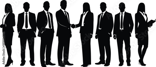 Professional business people silhouette vector group standing isolated, teamwork, corporate success, partnership, handshake, executive staff meeting, full body.