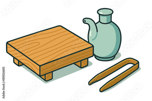 Traditional Asian beverage service set with wooden stand, ceramic pitcher, and golden tongs