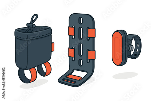 Essential bicycle accessories set including storage bag, mounting bracket, and safety light