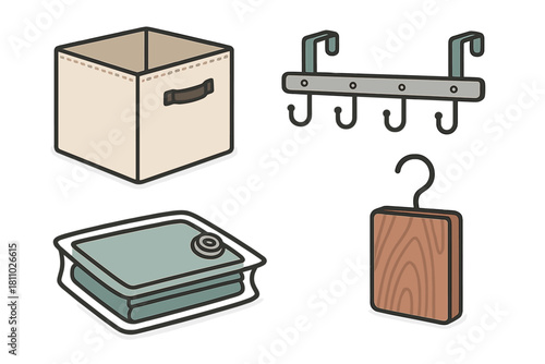 Set of essential household organization items storage box folded textiles and metal hooks