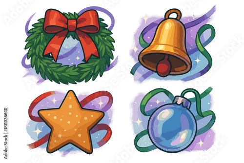Festive Christmas decorations set with wreath, golden bell, star cookie, and blue glass ornament