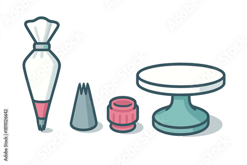 Set of professional cake decorating equipment with piping supplies and rotating stand
