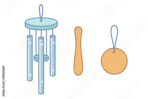 Musical wind chime with metal tubes, wooden clapper, and wind catcher decoration