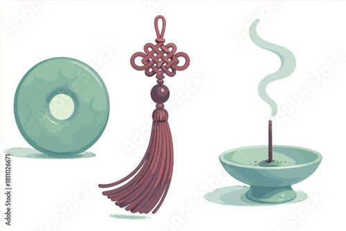 Traditional Chinese cultural objects: jade bi disc, decorative knot, and burning incense stick