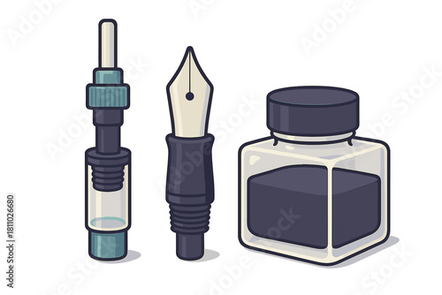 Fountain pen components including nib, ink converter, and ink bottle for writing
