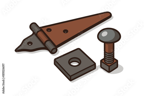 Rustic vintage T-hinge and metal fasteners assortment for building construction and repair projects