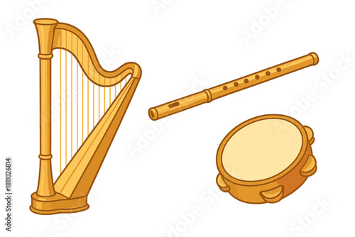 Golden harp, wooden flute, and tambourine set of traditional musical instruments