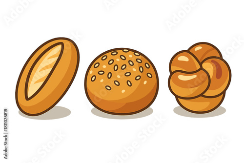 Fresh baked goods assortment featuring a baguette slice, sesame bun, and knot roll