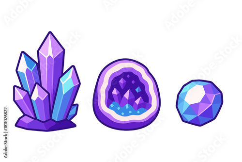 Stylized purple and blue crystal set with a cluster, geode, and faceted gemstone