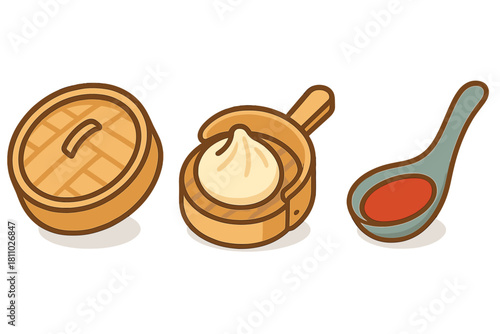 Steamed dumpling in bamboo basket with lid and spoon of red dipping sauce