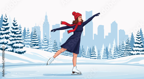 Winter Skating Scene Woman on Ice with Cityscape and Trees