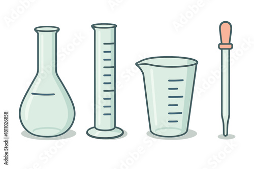 Set of essential chemistry laboratory glassware and tools: flask, cylinder, beaker, dropper