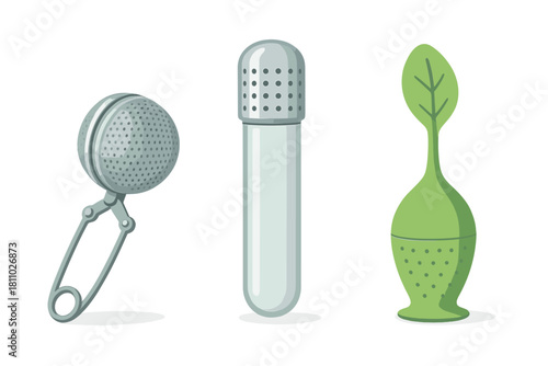 Various types of tea infusers and strainers for steeping loose leaf tea